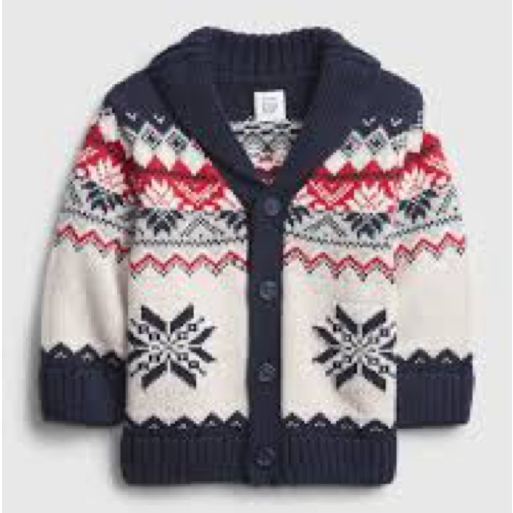 Baby GAP Fair Isle Intarsia Button Cardigan Blue Red White 6-12 months